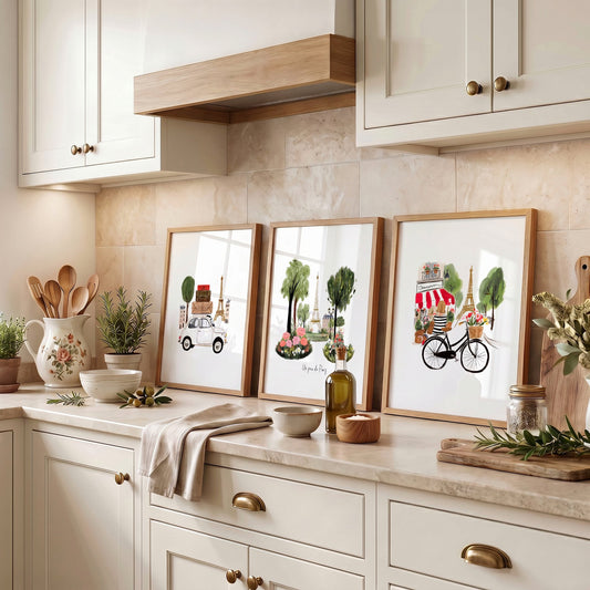 Paris Eiffel Tower Travel Art Prints Kitchen | "Un peu de Paris" Watercolour Set of 3