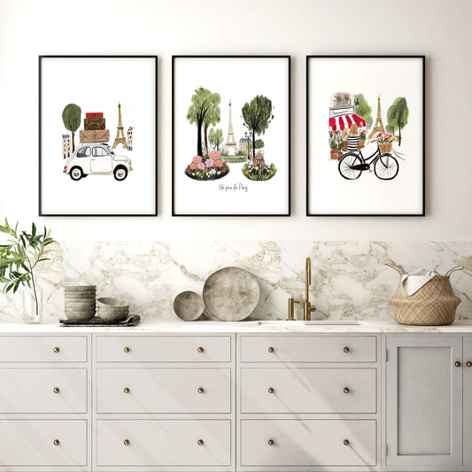 Paris Eiffel Tower Travel Art Prints Kitchen | "Un peu de Paris" Watercolour Set of 3