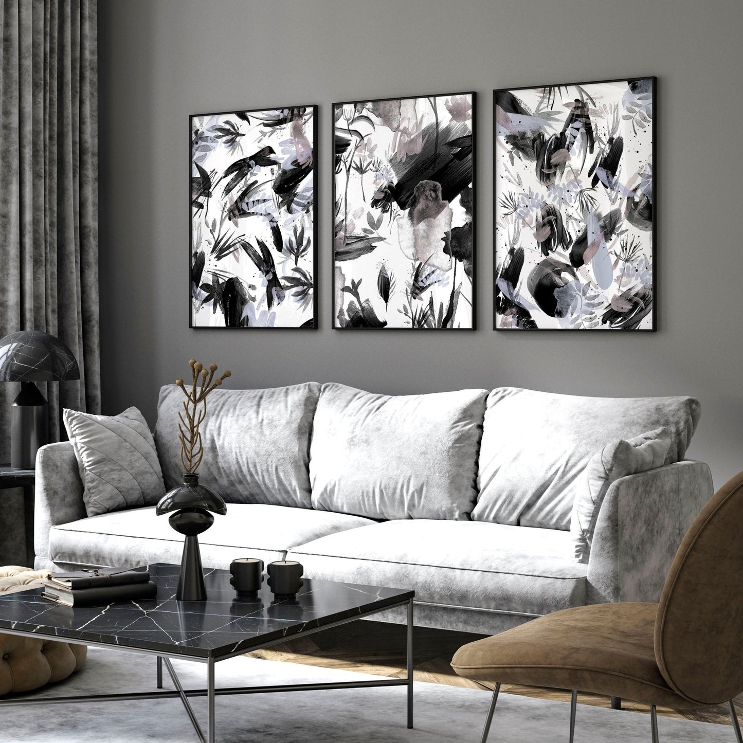 Black and white wall pictures | set of 3 wall art prints