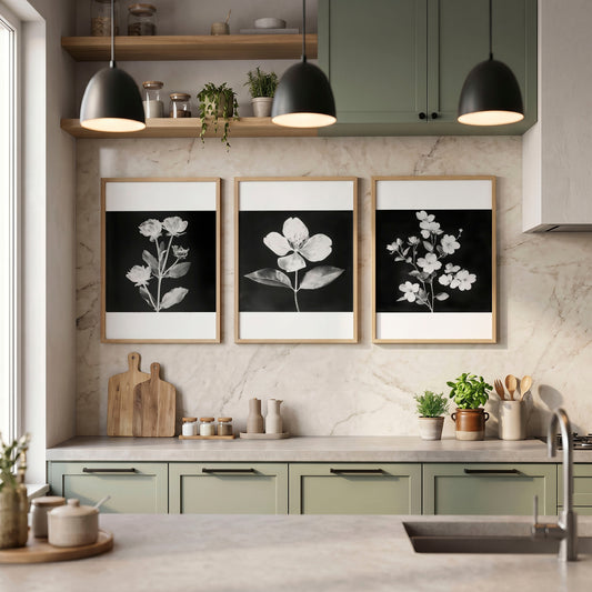 Artwork for a Kitchen Wall Black & White Botanical Floral Wall Art Prints | Set of 3