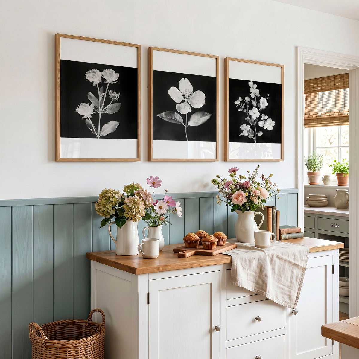 Artwork for a Kitchen Wall Black & White Botanical Floral Wall Art Prints | Set of 3