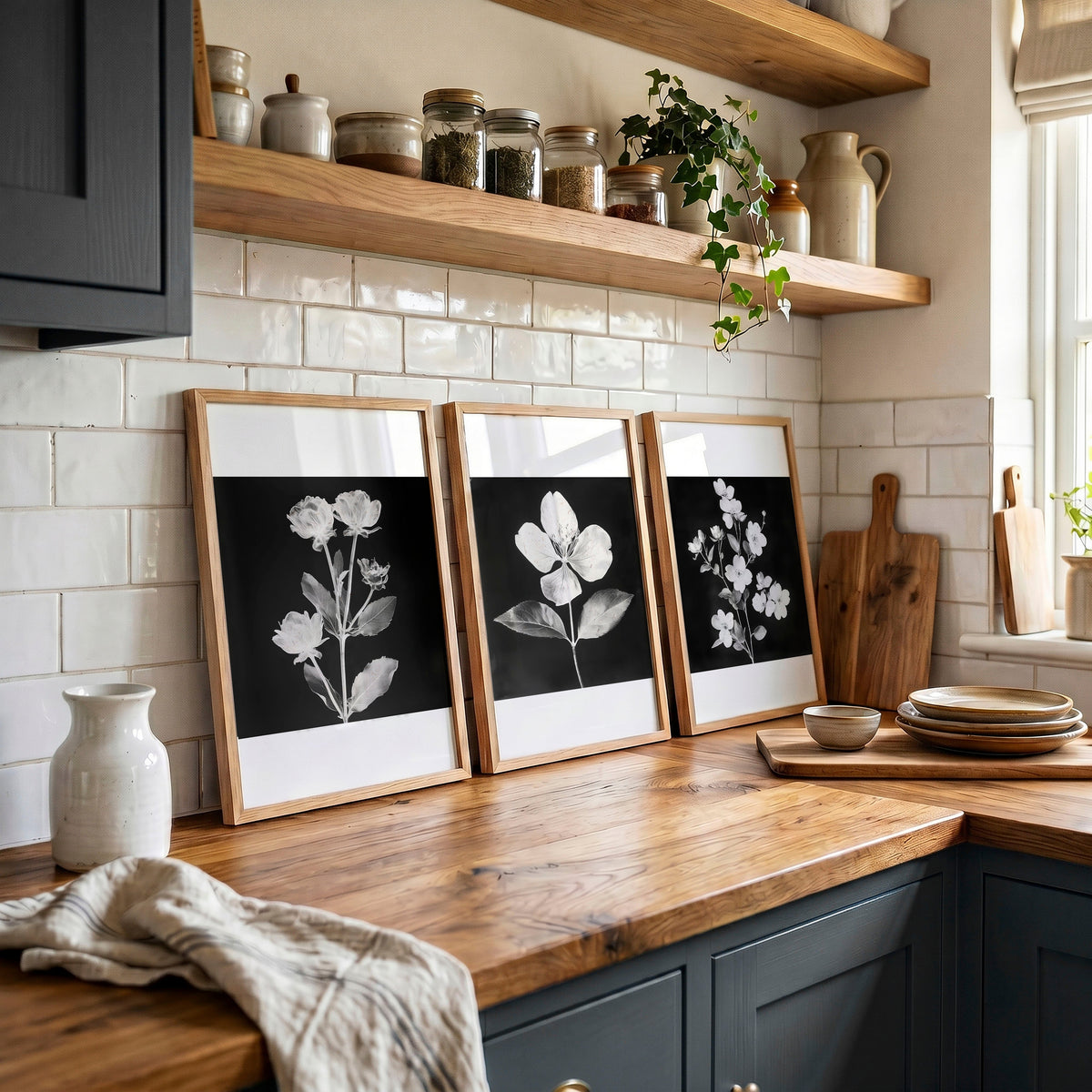 Artwork for a Kitchen Wall Black & White Botanical Floral Wall Art Prints | Set of 3