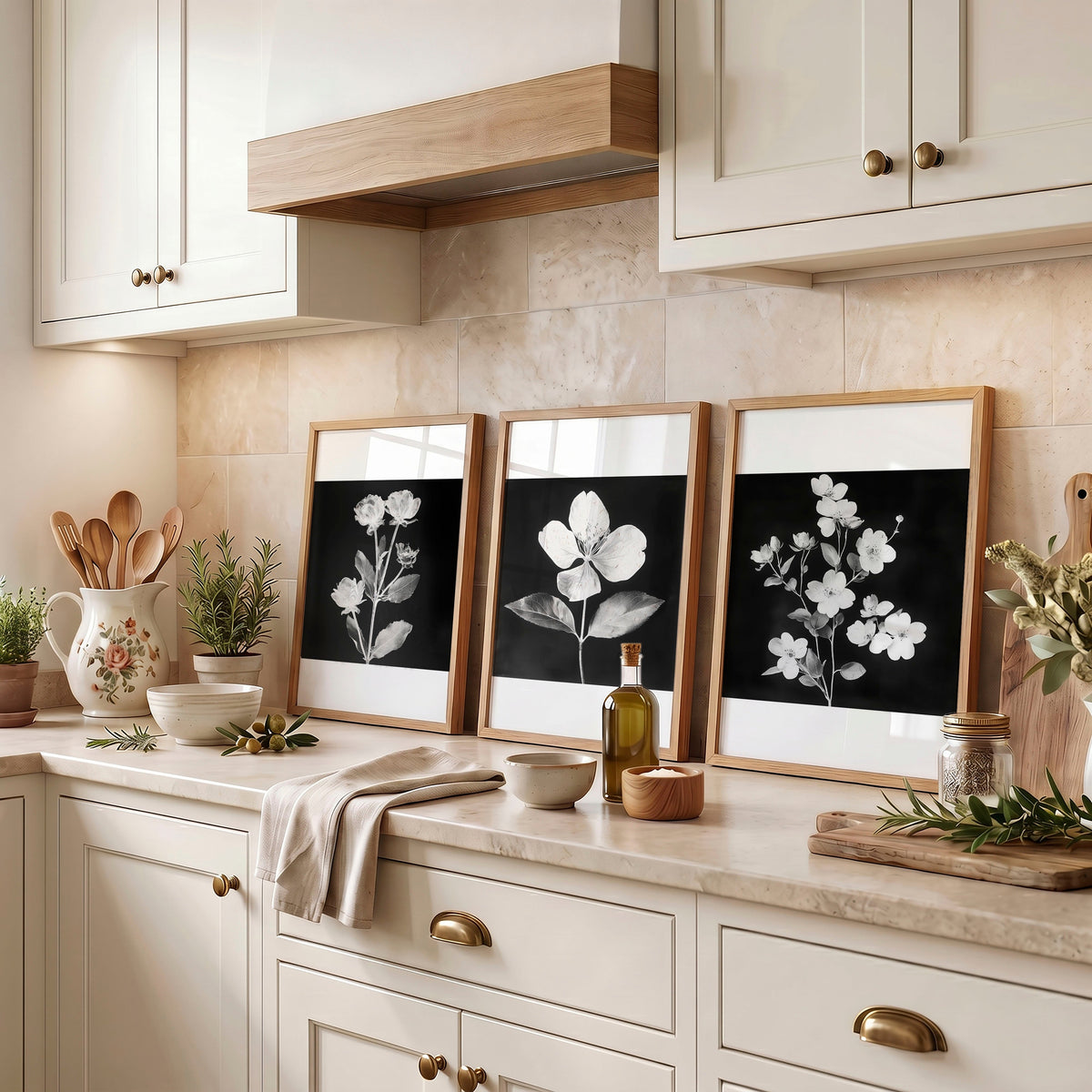 Artwork for a Kitchen Wall Black & White Botanical Floral Wall Art Prints | Set of 3