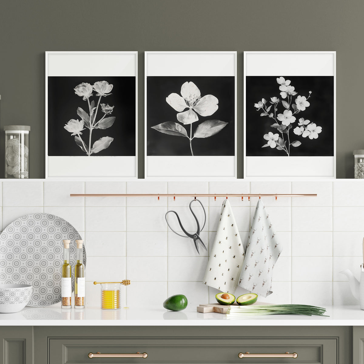 Artwork for a Kitchen Wall Black & White Botanical Floral Wall Art Prints | Set of 3