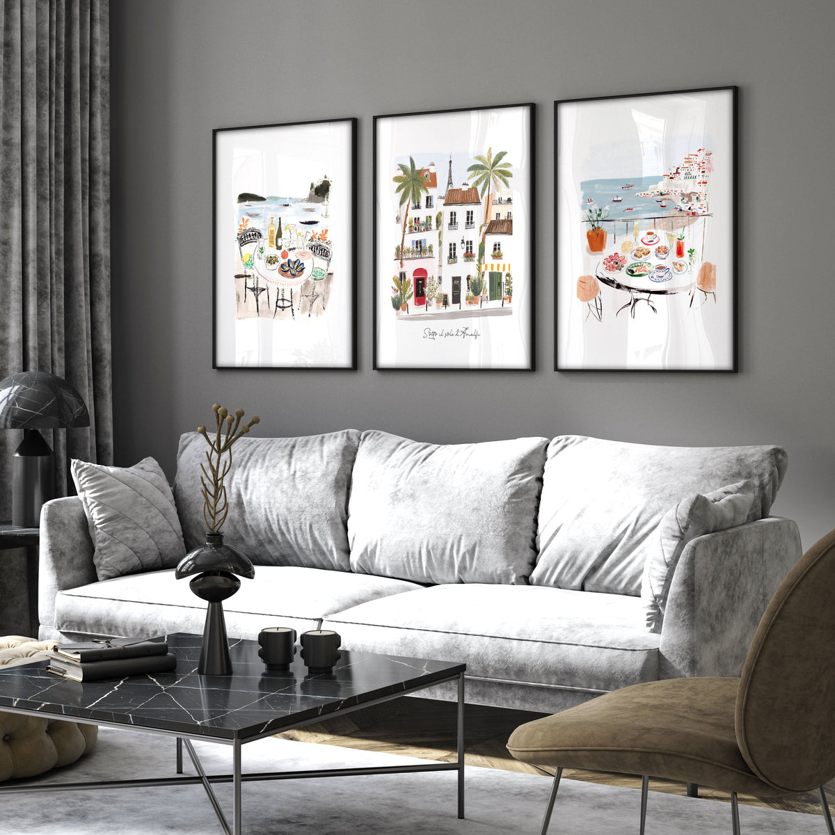 Artwork for a Living Room Mediterranean Coastal Watercolour "Sotto il sole di Amalfi" | Set of 3