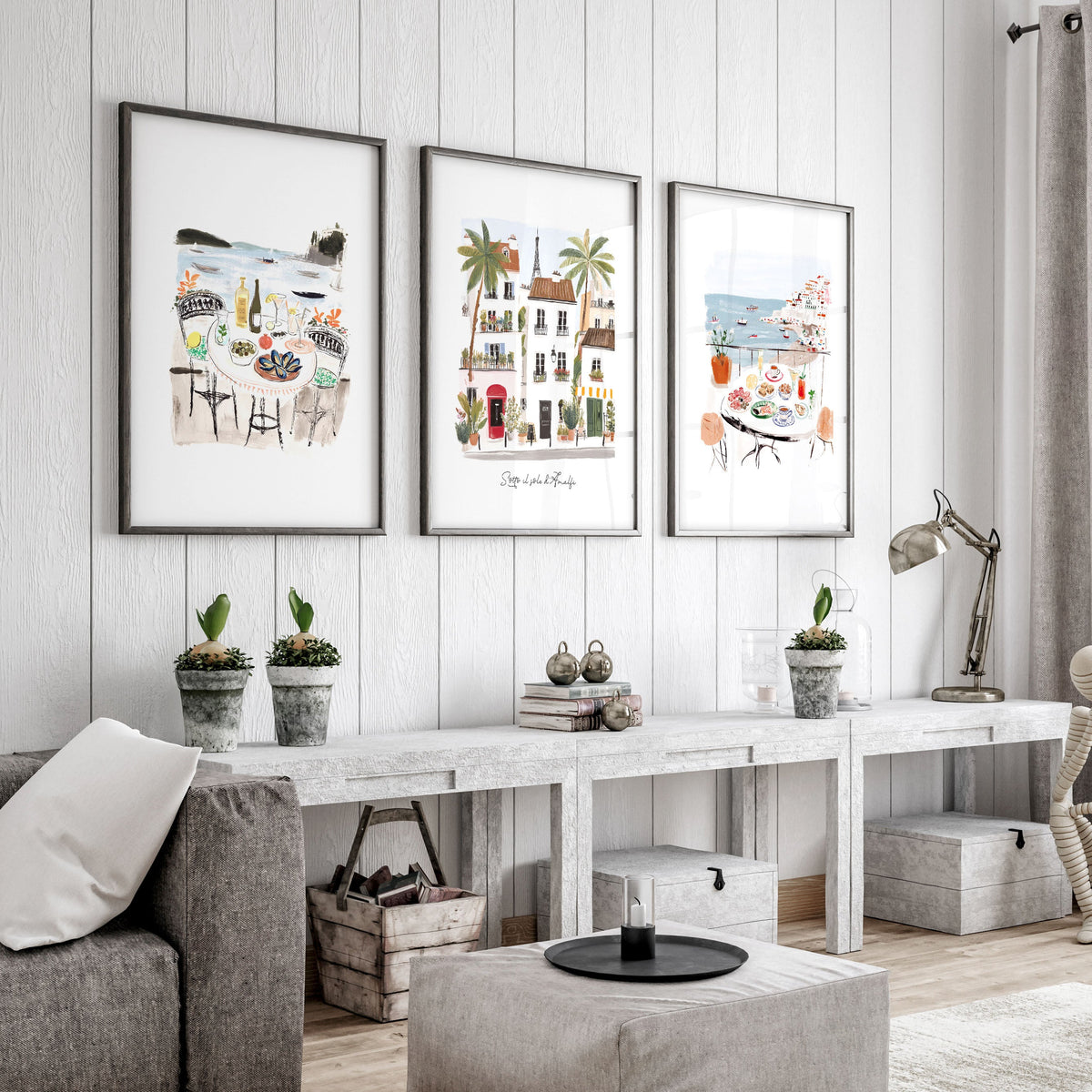 Artwork for a Living Room Mediterranean Coastal Watercolour "Sotto il sole di Amalfi" | Set of 3