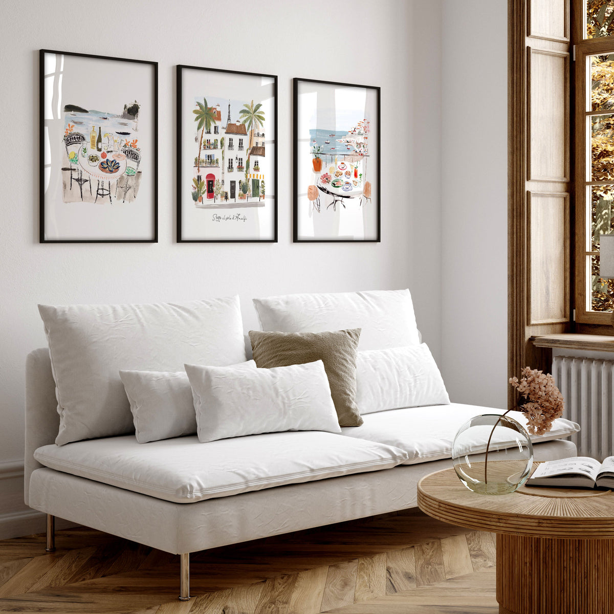 Artwork for a Living Room Mediterranean Coastal Watercolour "Sotto il sole di Amalfi" | Set of 3