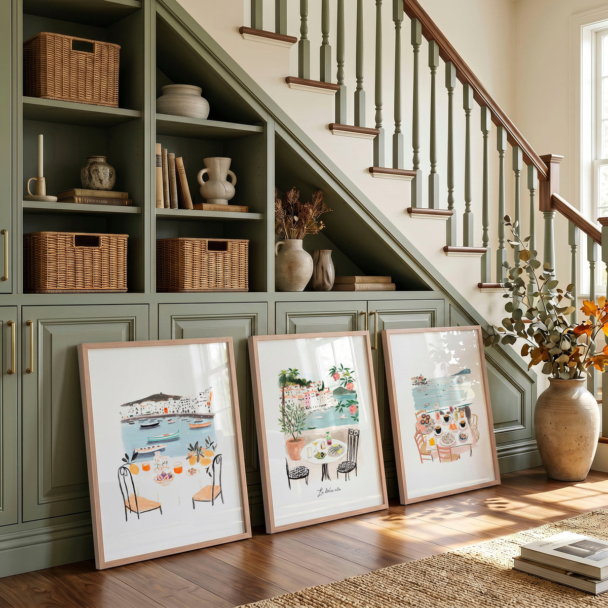Artwork for Hallway Mediterranean Coastal Dining Scene Wall Art Prints | "La Dolce Vita" | Set of 3