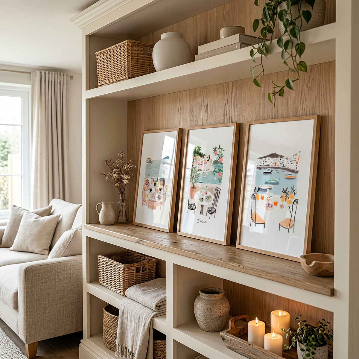 Artwork for Hallway Mediterranean Coastal Dining Scene Wall Art Prints | "La Dolce Vita" | Set of 3