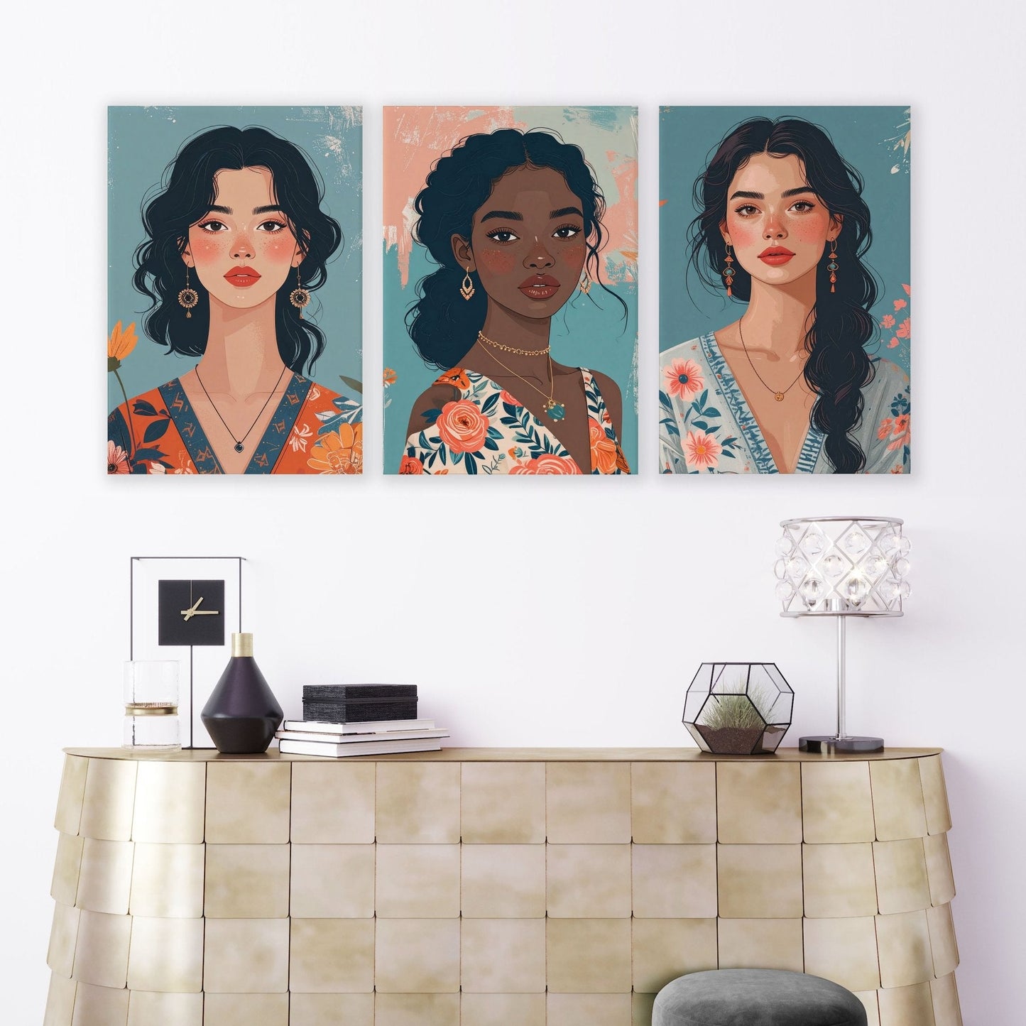 Artwork For Living Room Walls | Set of 3 Boho Women Wall art Prints