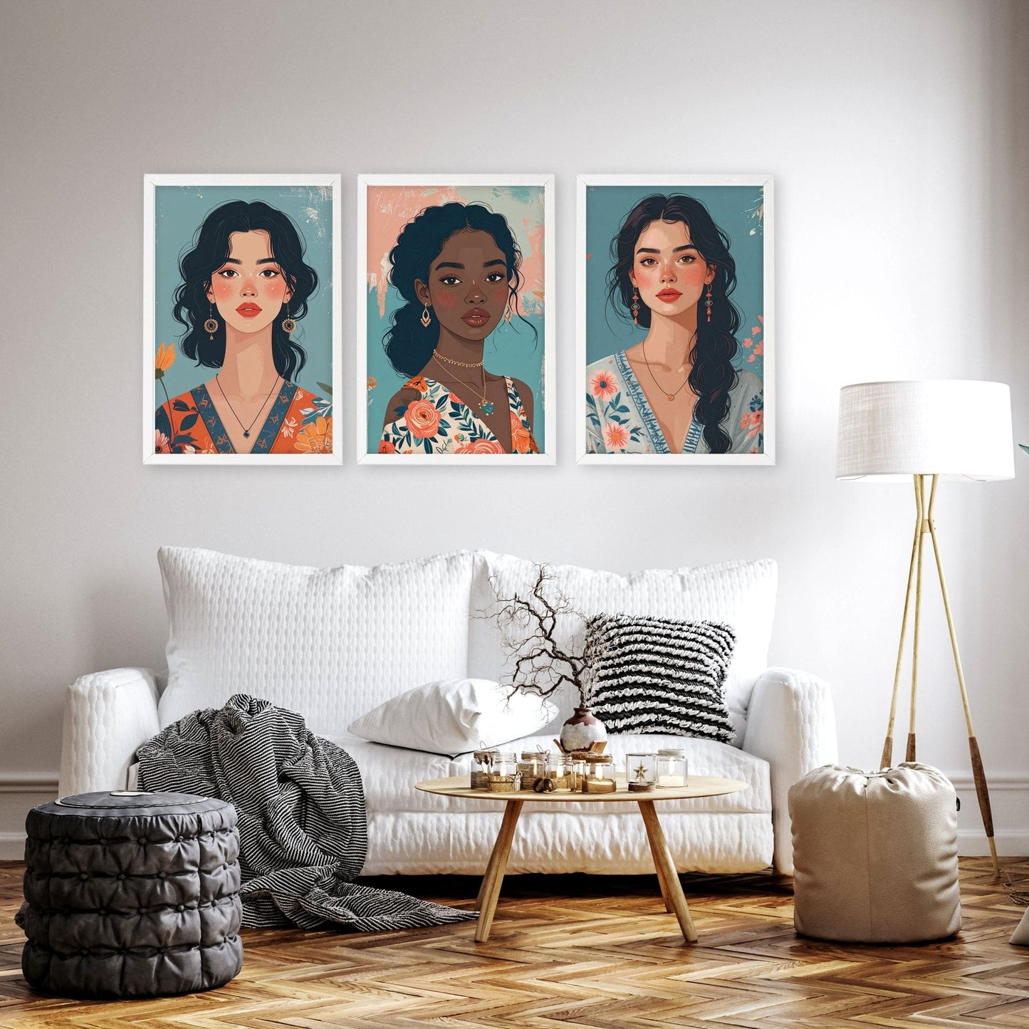 Artwork For Living Room Walls | Set of 3 Boho Women Wall art Prints
