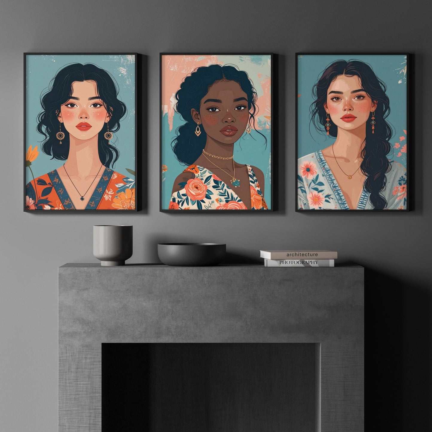 Artwork For Living Room Walls | Set of 3 Boho Women Wall art Prints