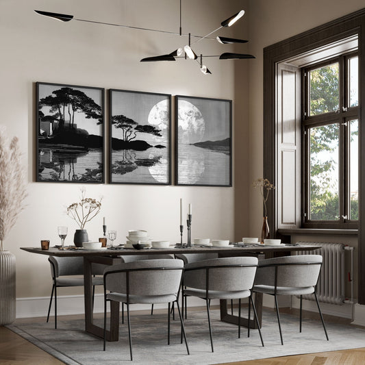 Asian Painting Japanese Moonrise Silhouette Grey & Black Wall Art Prints | Set of 3