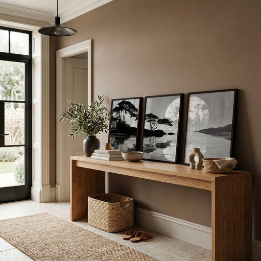 Asian Wall Art Japanese Moonrise Silhouette Grey Black & White | Set of 3
