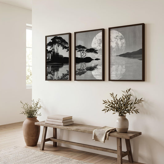 Asian Wall Art Japanese Moonrise Silhouette Grey Black & White | Set of 3