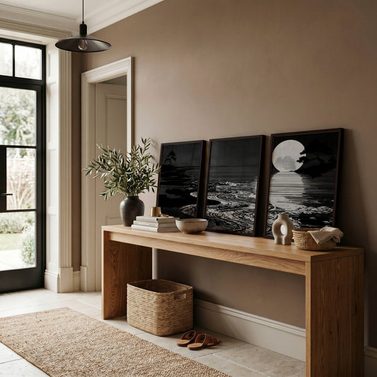 Asian Wall Art Panels | Japandi Moonrise Landscape, Black & White Japanese Seascape | Set of 3