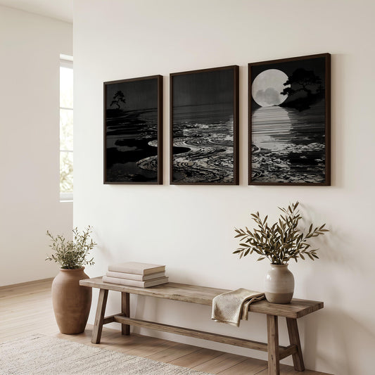 Asian Wall Art Panels | Japandi Moonrise Landscape, Black & White Japanese Seascape | Set of 3