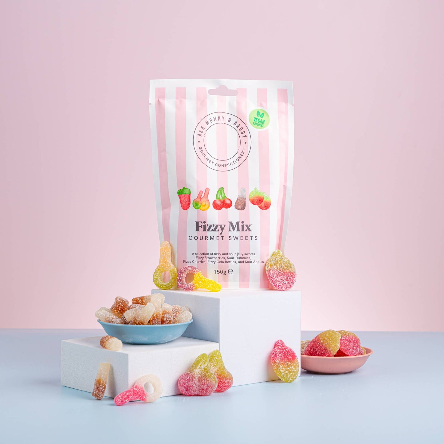 Ask Mummy & Daddy Fizzy Mix Pouch 150g – Mixed Fizzy & Sour Vegan Sweets