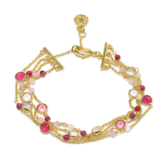 Hydra Multi-Strand Gold Chain and Gemstone Bracelet  Moonstone, Rose Quartz, Pink Jade & Pink Tourmaline