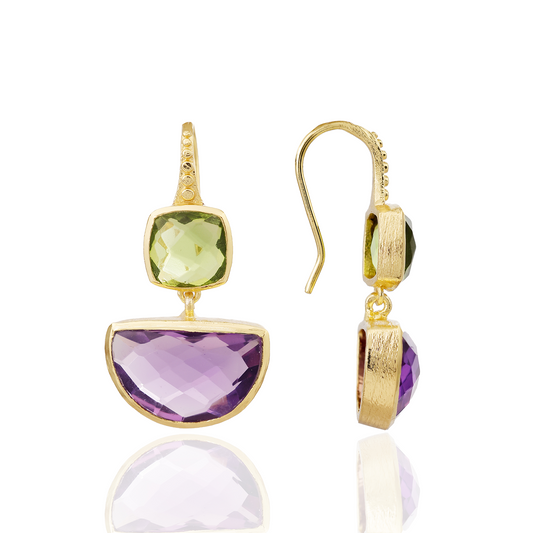[PRE-ORDER] Charis Halfmoon Double Gemstone Earrings Peridot & Amethyst