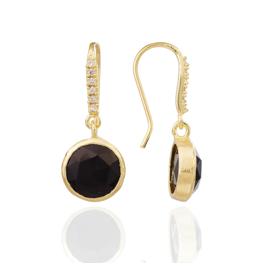 [PRE-ORDER] Charis Round Gemstone Earrings Black Onyx, Front CZ Hooks
