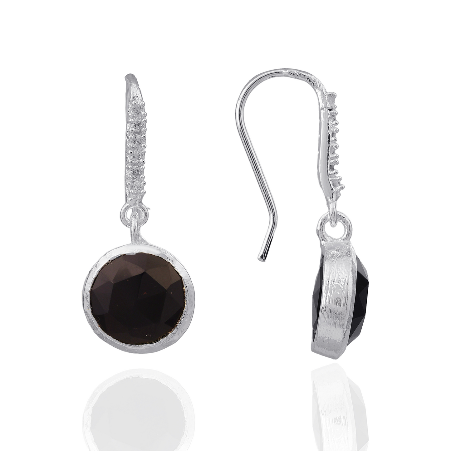 [PRE-ORDER] Charis Round Gemstone Earrings Silver Black Onyx, Front CZ Hooks