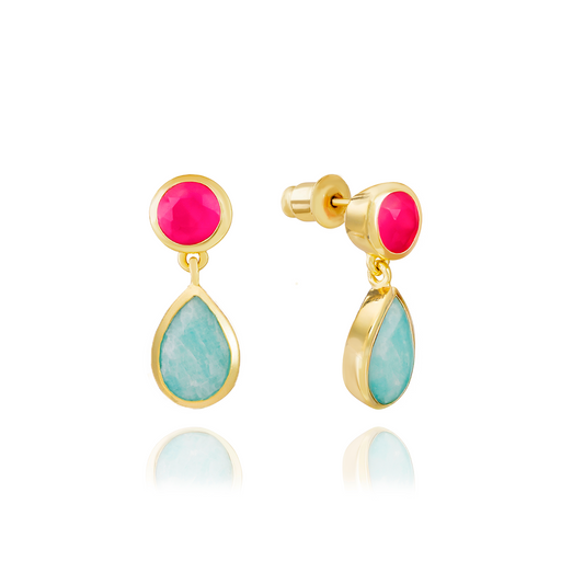 Gold Double Gemstone Drop Earrings with Fuchia Onyx & Amazonite
