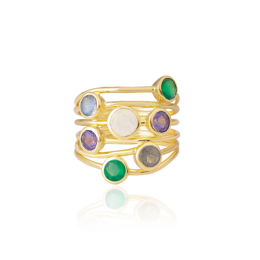 Iona Entwined Ring: Green Onyx, Amethyst, Moonstone & Labradorite