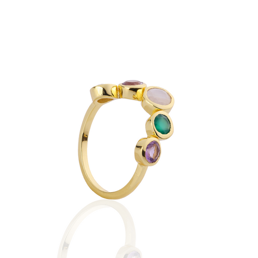 [PRE-ORDER] Iris Five Gemstones Ring Labradorite, Amethyst, Moonstone, Green Onyx & Amethyst