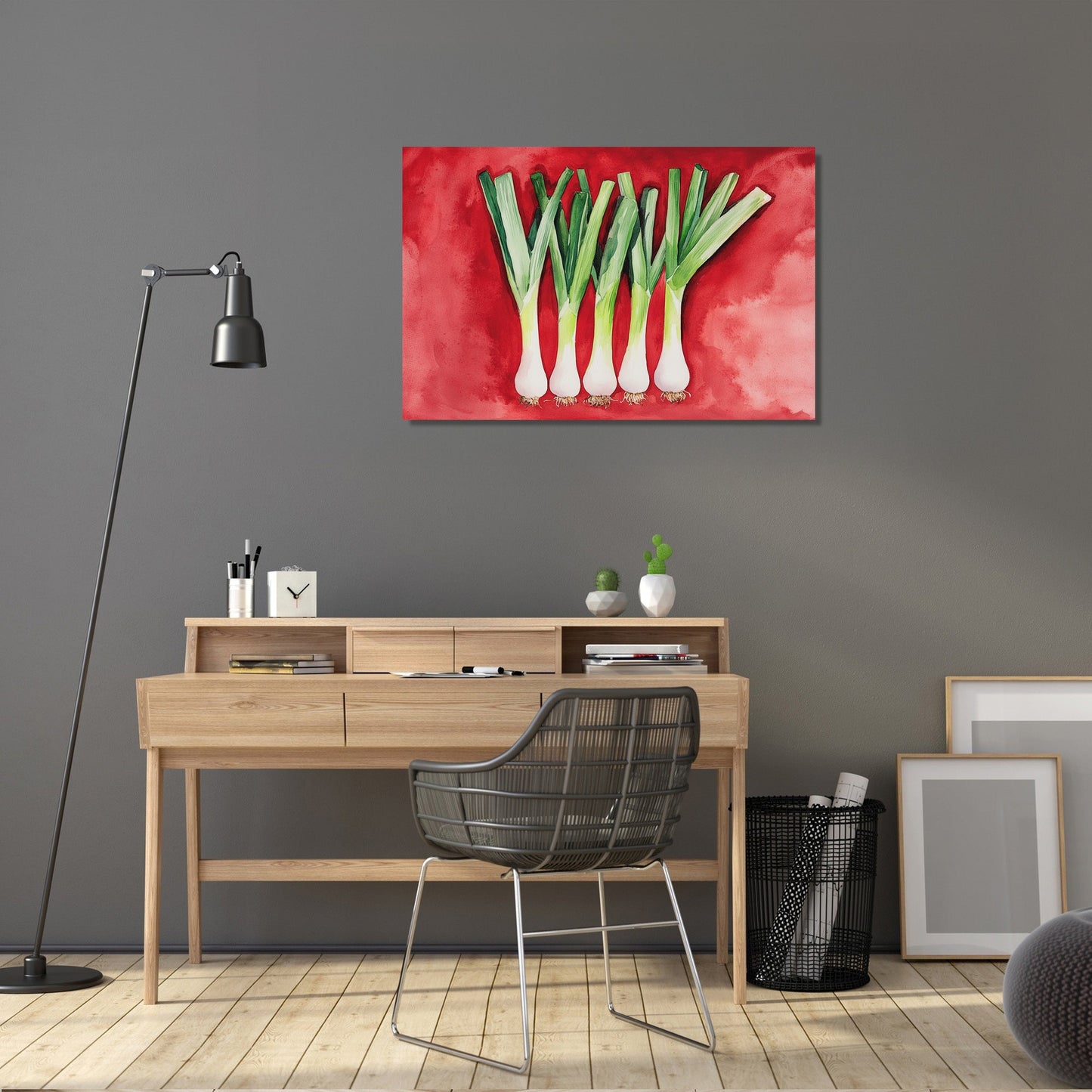 Elegant Leeks on Red Canvas