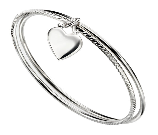 Beginnings Diamond Cut Double Bangle with Heart Tag