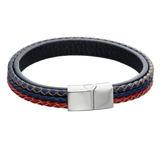 Fred Bennett Woven Blue, Red & Grey Leather Bracelet