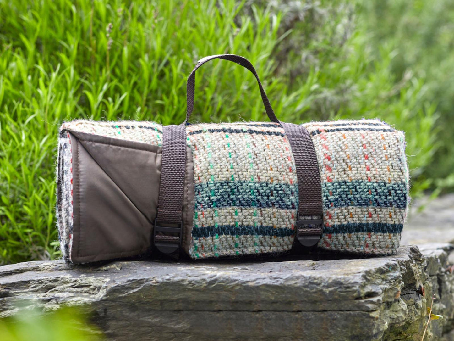 Waterproof Picnic Rug Roll - Random Check Recycled Wool