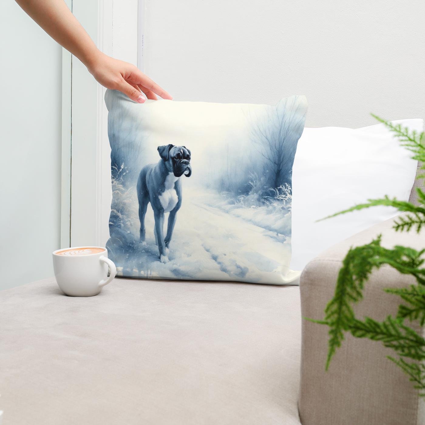 Boxer's Winter Walk Snowy Scene Cotton Cushion