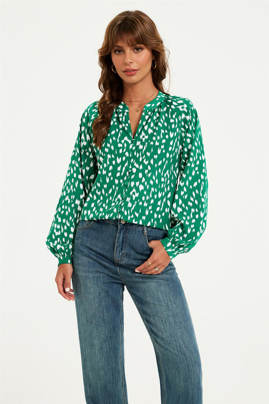 Brushstroke Print long sleeve Blouse Top In Green