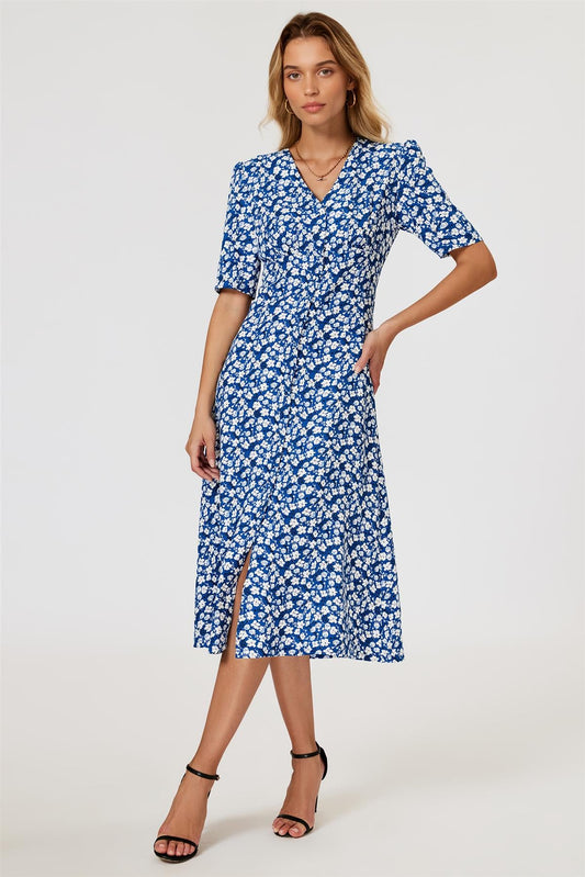 Floral Print Button Front Midi Dress In Blue