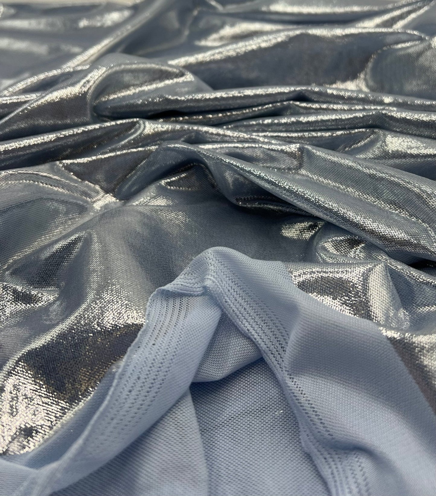 Baby Blue Silver Shiny Foil Mesh Fabric Stretch