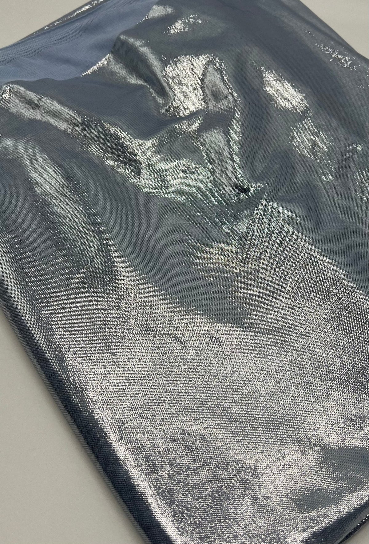Baby Blue Silver Shiny Foil Mesh Fabric Stretch