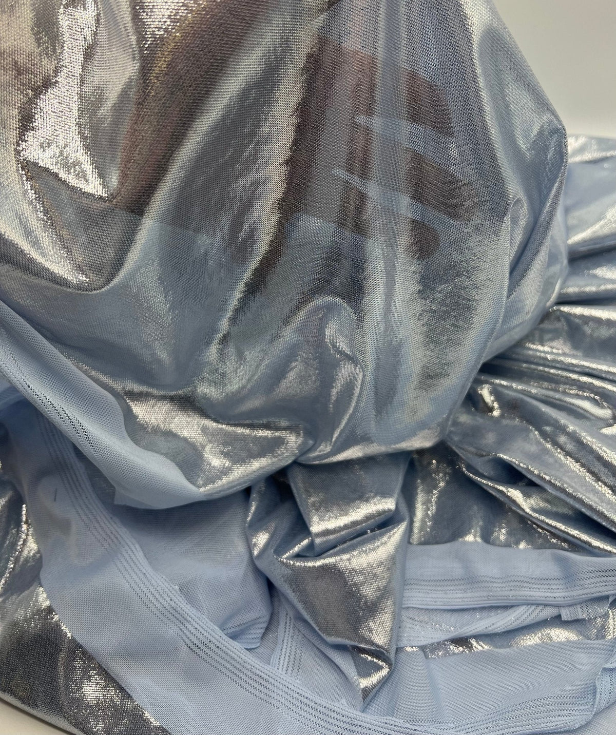 Baby Blue Silver Shiny Foil Mesh Fabric Stretch