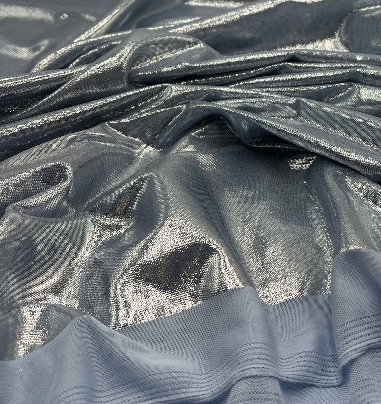 Baby Blue Silver Shiny Foil Mesh Fabric Stretch