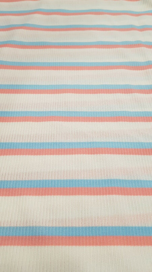 Baby Pink & Baby Blue Striped Fine Rib Stretch Fabric