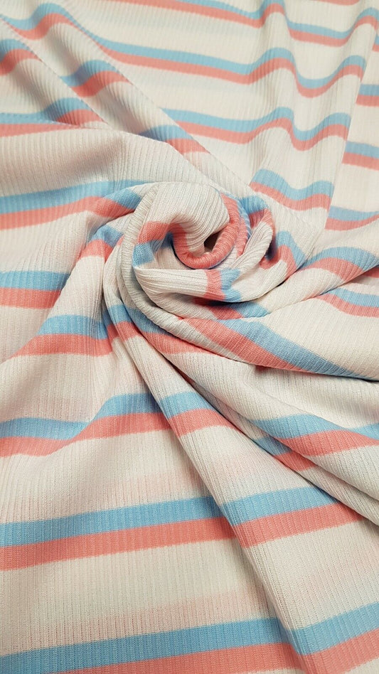 Baby Pink & Baby Blue Striped Fine Rib Stretch Fabric