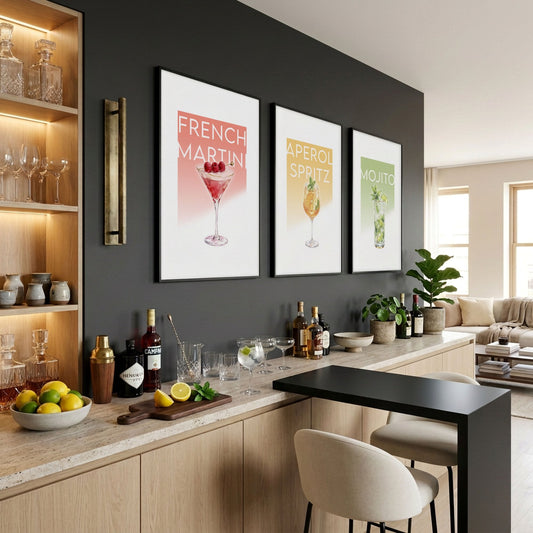 Bar Wall Art Decor "French Martini" "Aperol Spritz" "Mojito" Pastel Cocktail Prints | Set of 3