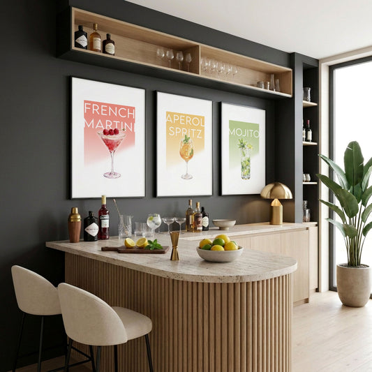 Bar Wall Art Decor "French Martini" "Aperol Spritz" "Mojito" Pastel Cocktail Prints | Set of 3