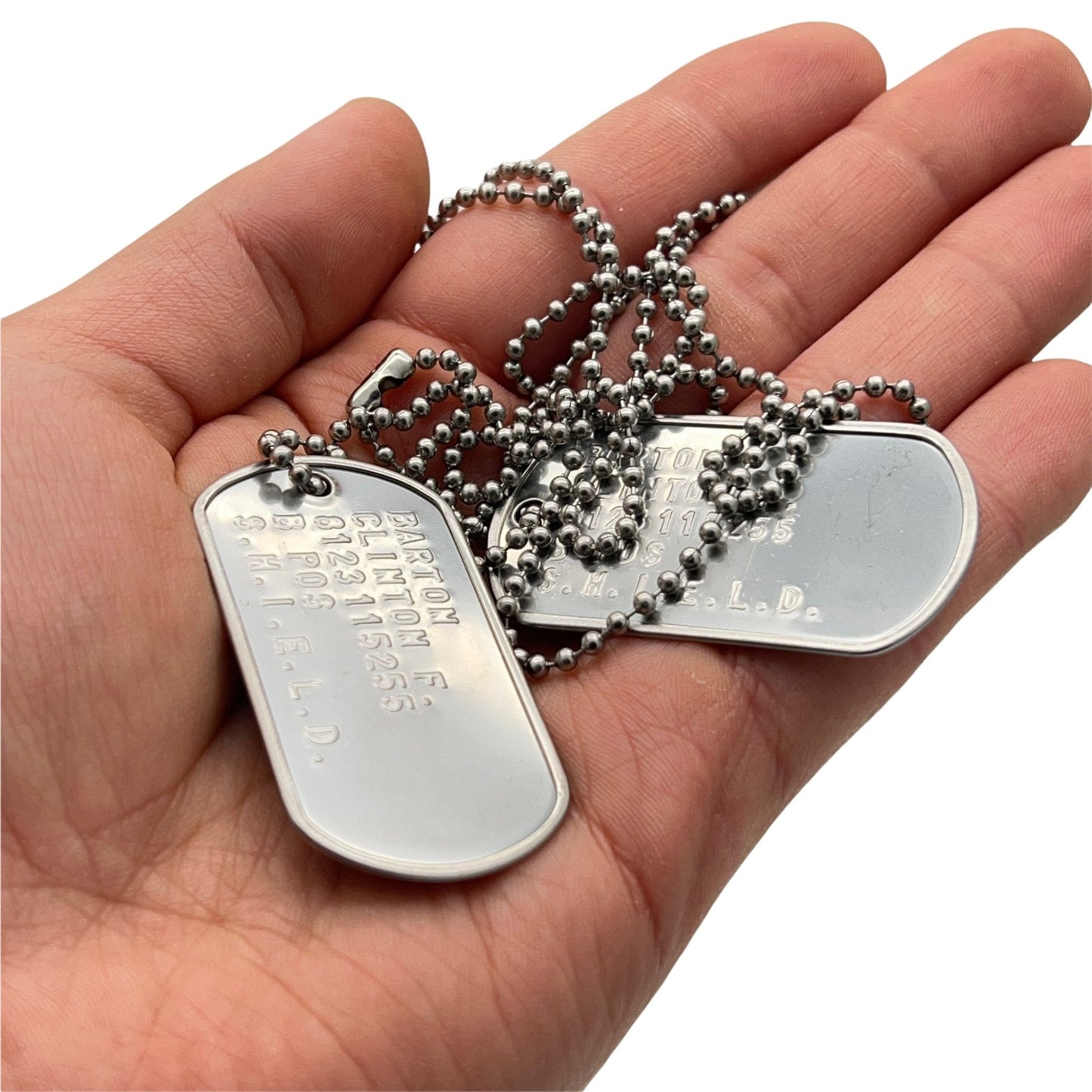 Barton Clinton 'HAWKEYE' Military Dog Tags - Costume Cosplay Prop Replica - Stainless Steel Chains Included