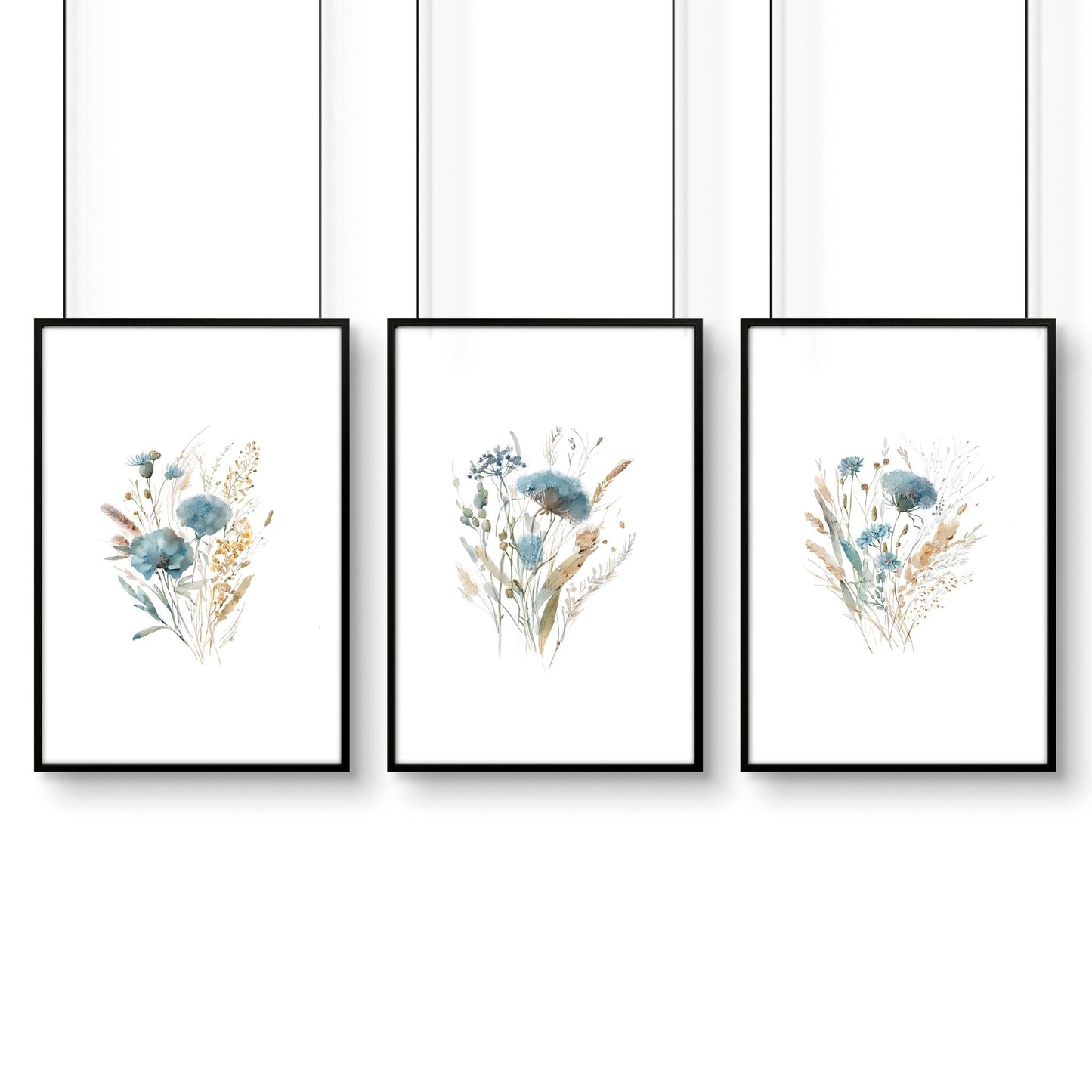 Bathroom Wall Art Blue | Set of 3 Botanical Wall art Prints
