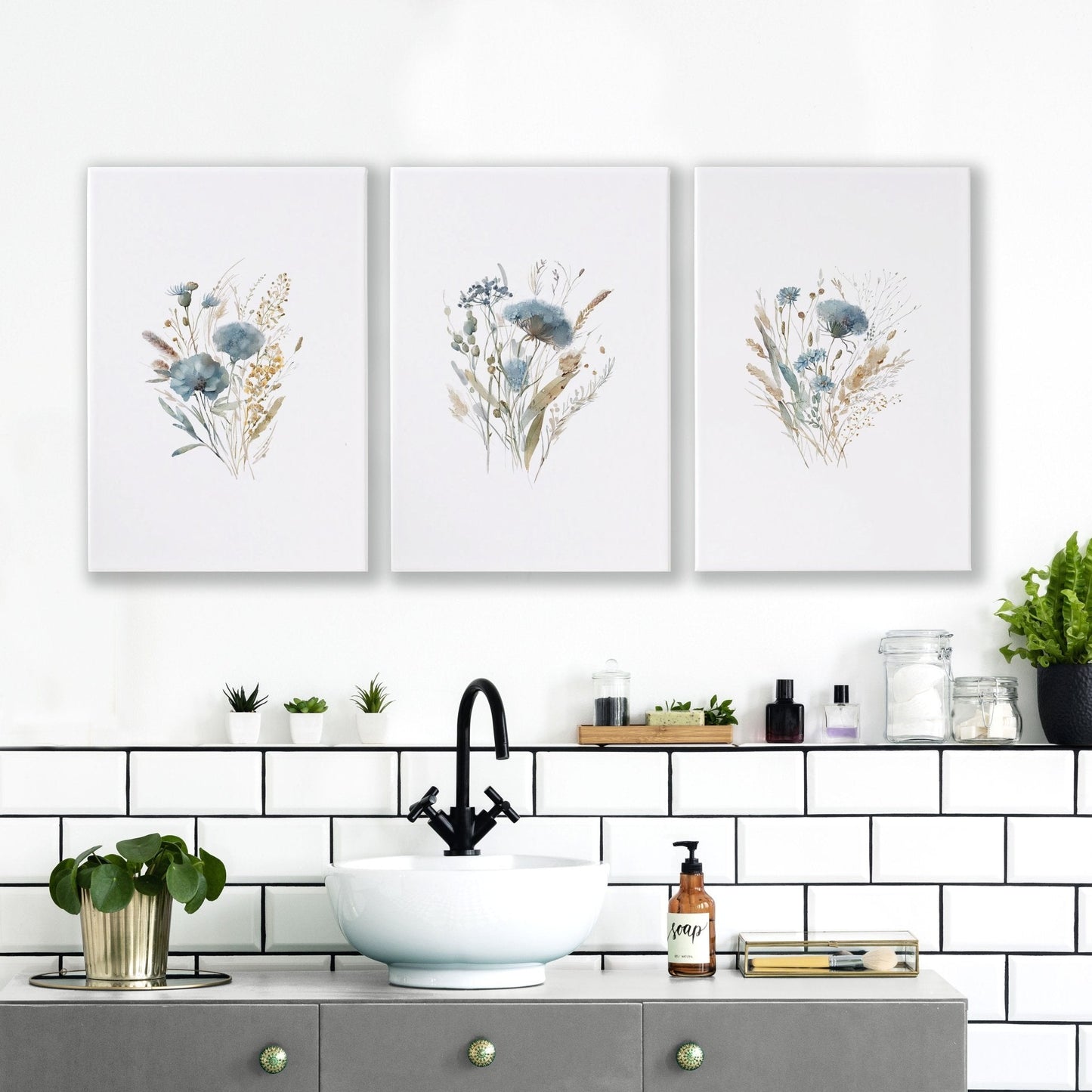 Bathroom Wall Art Blue | Set of 3 Botanical Wall art Prints