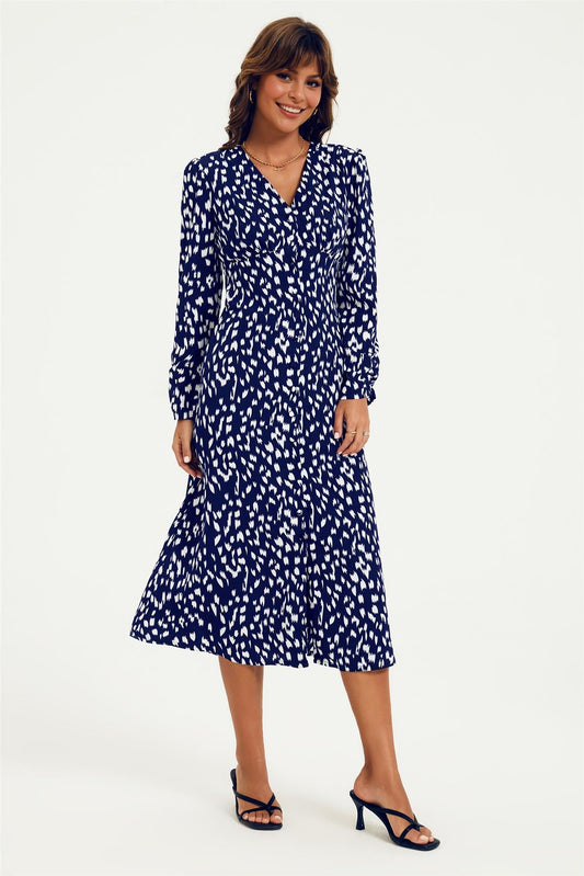 Brushstroke Print Long Sleeve Button Front Midi Dress In Navy