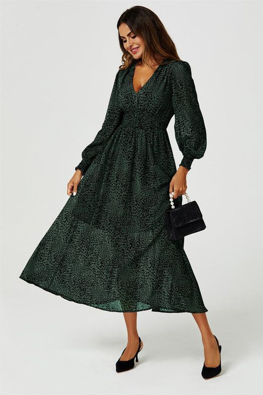 Leopard Print Long Sleeve Maxi Dress In Green