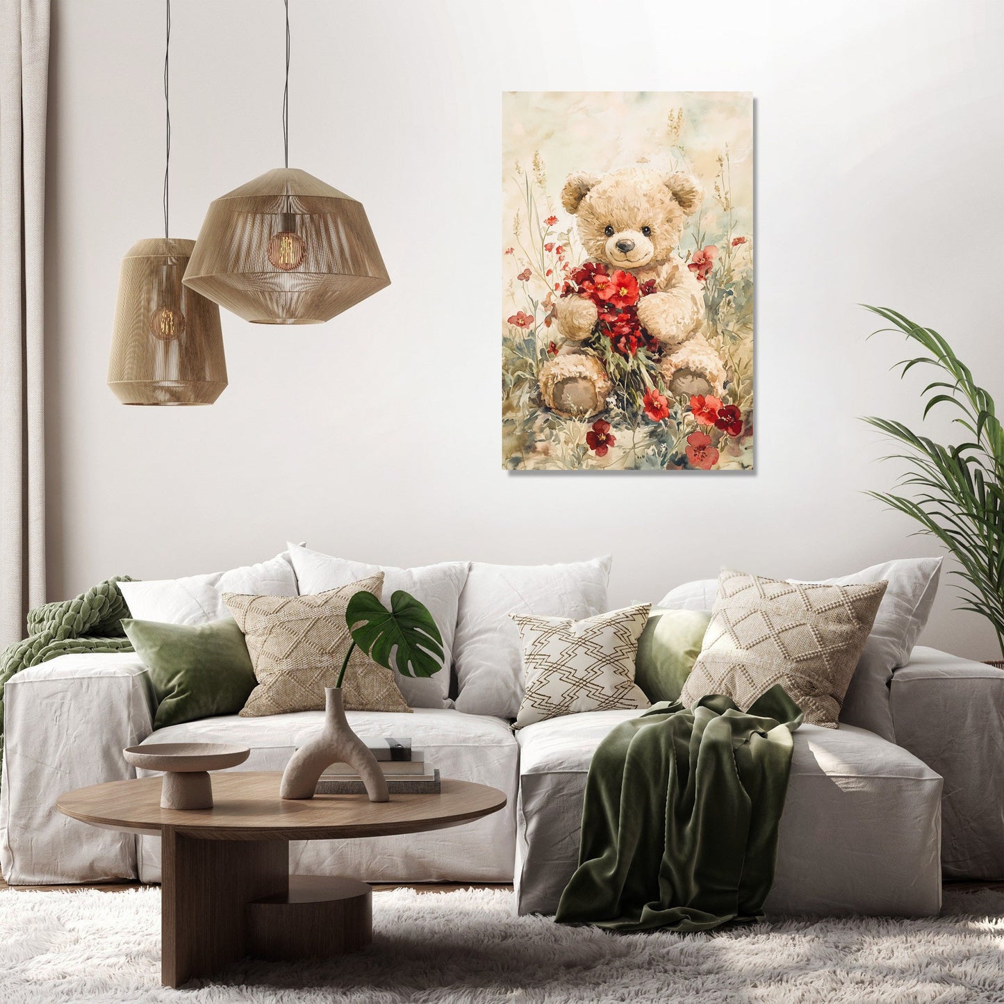 Teddy's Floral Embrace Canvas